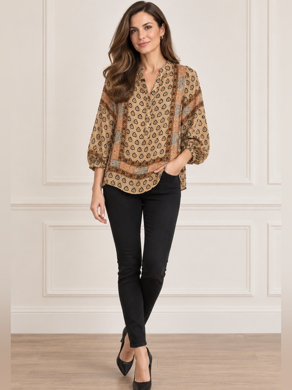 Tolani Beige and Rust Paisley Peasant Blouse